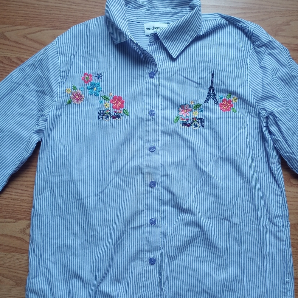 Breckeridge Blue Button Down Shirt with Floral Embroidery